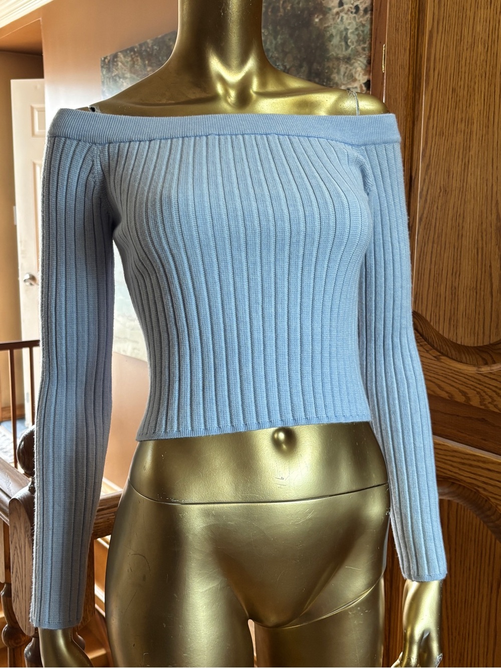 aerie Sky Blue Off-the-Shoulder Ribbed Crop Sweater